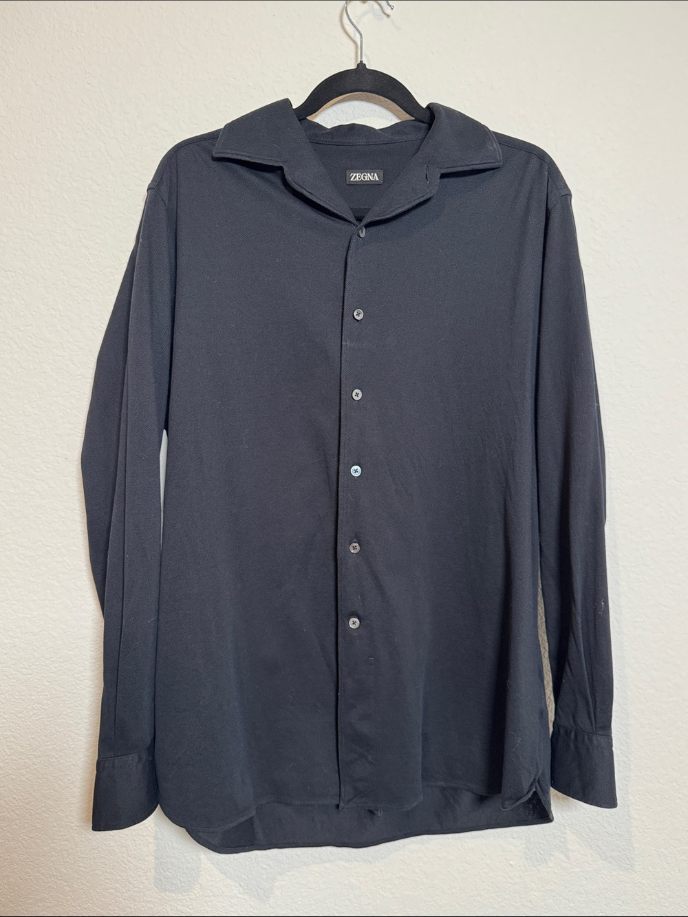 ZEGNA Dark Navy Blue Knit Textured Button-Up Long Sleeve Shirt